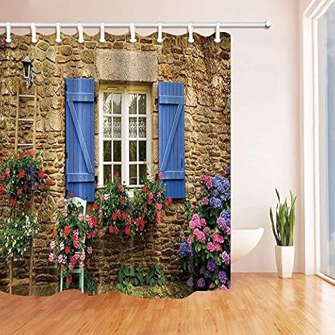 votgl 3D Digital Printing Home Garden Shower Curtain Stone Wall and Window and Flowers Mildew Resistant Polyester Fabric Bathroom Decorations Bath Curtains Hooks Included 180X180CM Cover