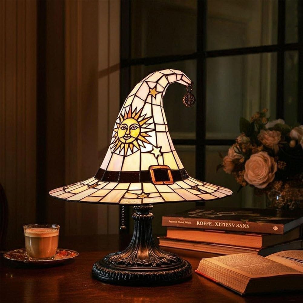 Witch Hat Lamp Stained Glass Resin Wizard Hat Light Gothic Table