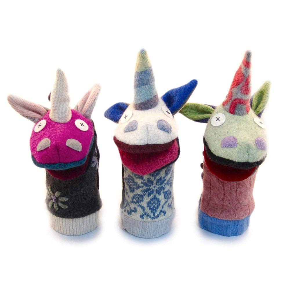 Cate & Levi - Handpuppe - Premium Altwolle - Handmade in Canada - Puppen für Kirche (3er Set - Hase, Katze, Einhorn)