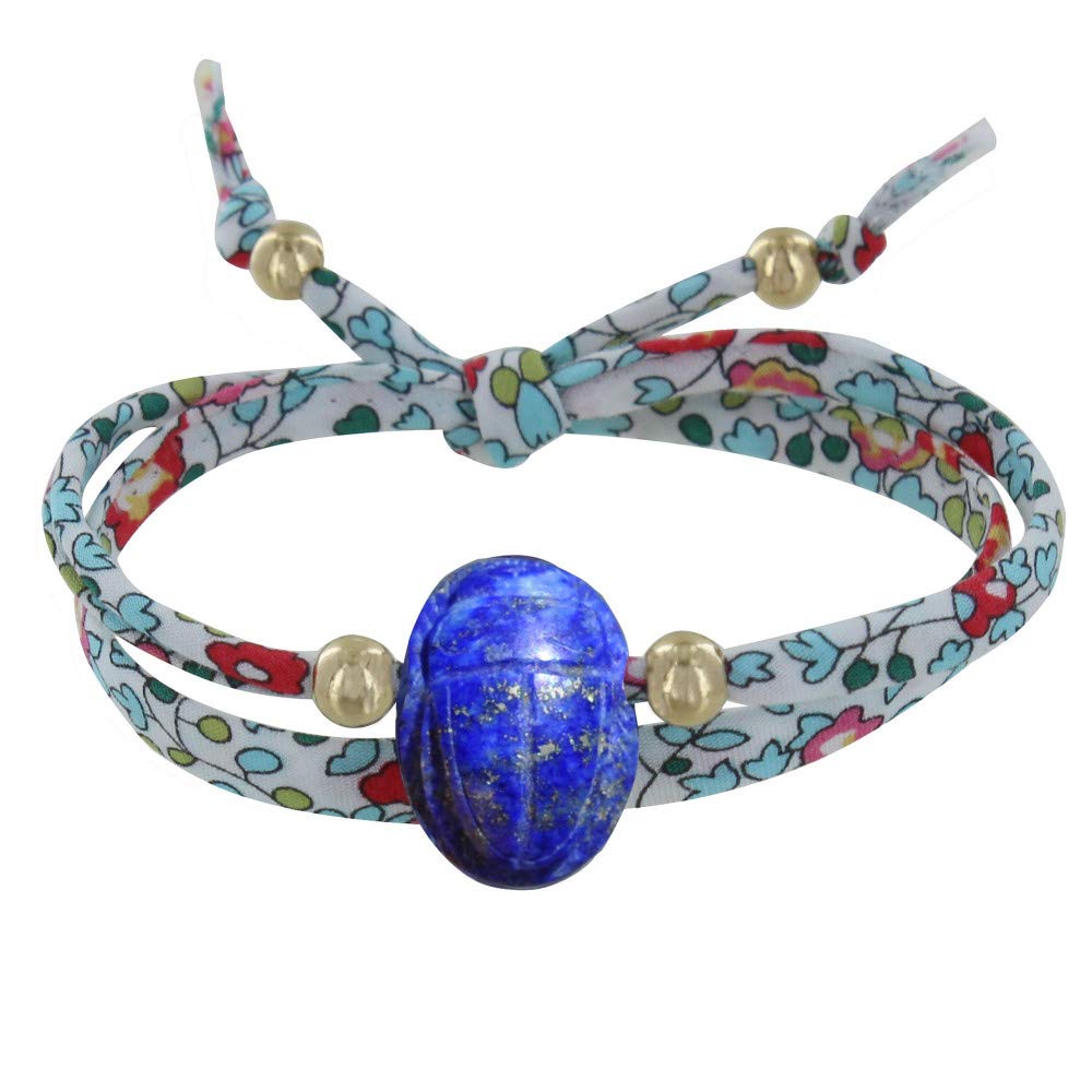 LES POULETTES BIJOUX - Bracciale Doppio Giro Collegamento liberty Talismano Scarabeo in Lapislazzuli e Perle Placcate Oro
