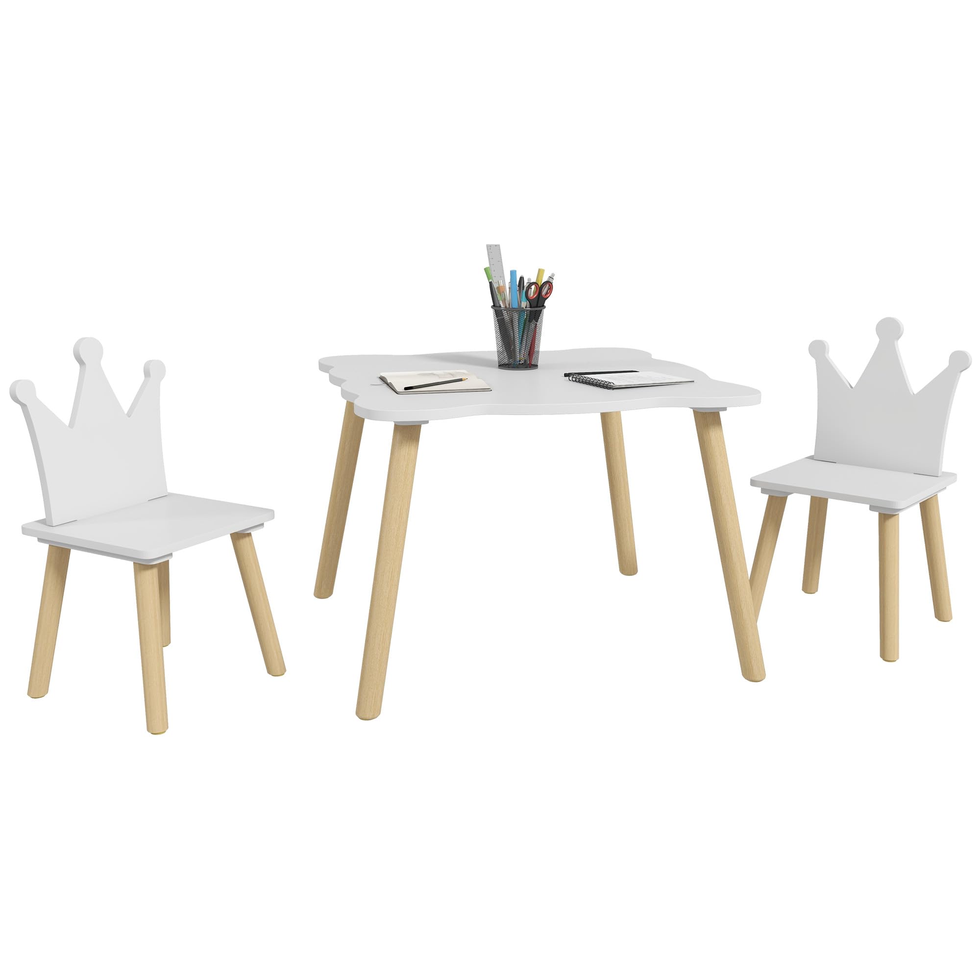 AIYAPLAY Mesa y Sillas Infantiles de 3 Piezas Mesa Infantil con 2 Sillas con Respaldo en Forma de Corona para Niños de 3-6 Años para Sala de Juegos Dormitorio Guardería Blanco
