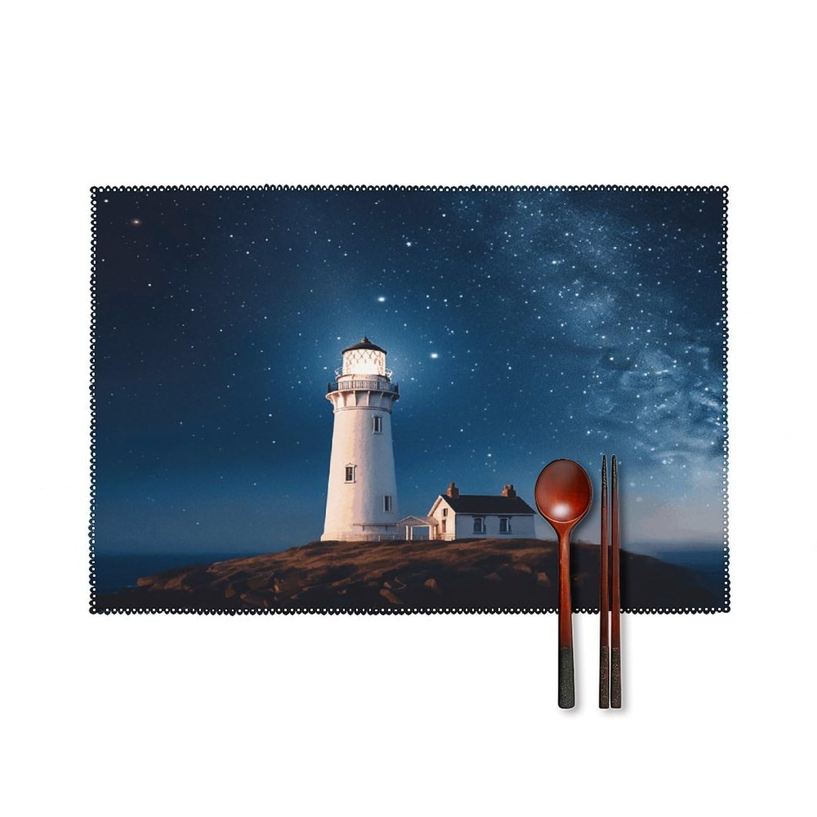Lighthouse Under Starry Night Sky Placemats Set of 6 Heat Resistant Non-Slip Place Mats Washable Wipeable Table Mats Elegant Farmhouse Placemat for Kitchen Dining Outdoor Party Table Decor