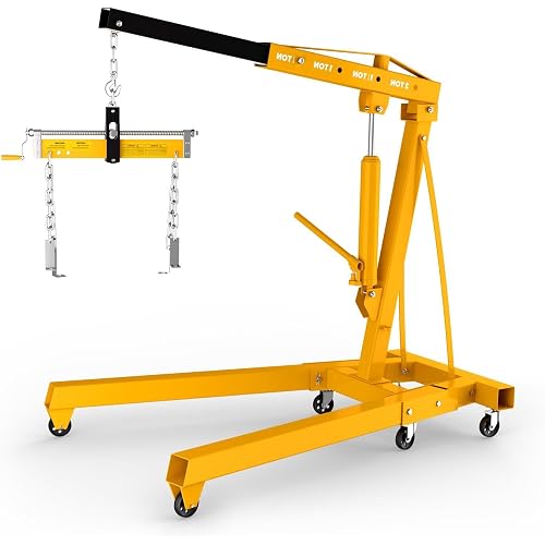 3Ton/7000 LBS Engine Hoist with 2500 LBS Leveler, Folding Cherry Picker Engine Hoist, Heavy Duty Alloy Steel Hydraulic Engine Hoist with 8 Ton Hydraulic Pump, Engine Lift for Workshops