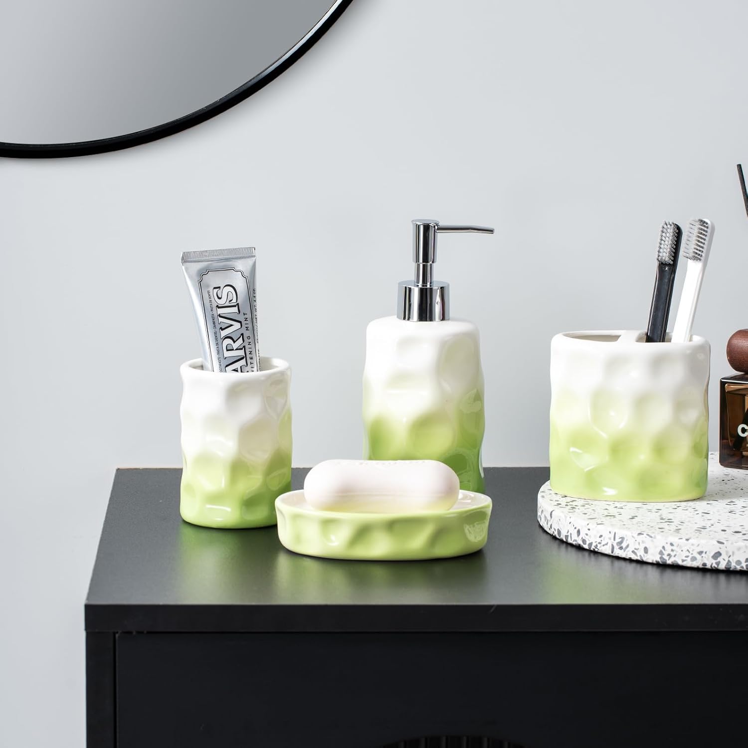 Christmas Bathroom Accessories Set, 8-Piece Ceramic Bathroom Accessory Set Include Lotion Dispenser, Toothbrush Holder Tumbler, and Soap Dish