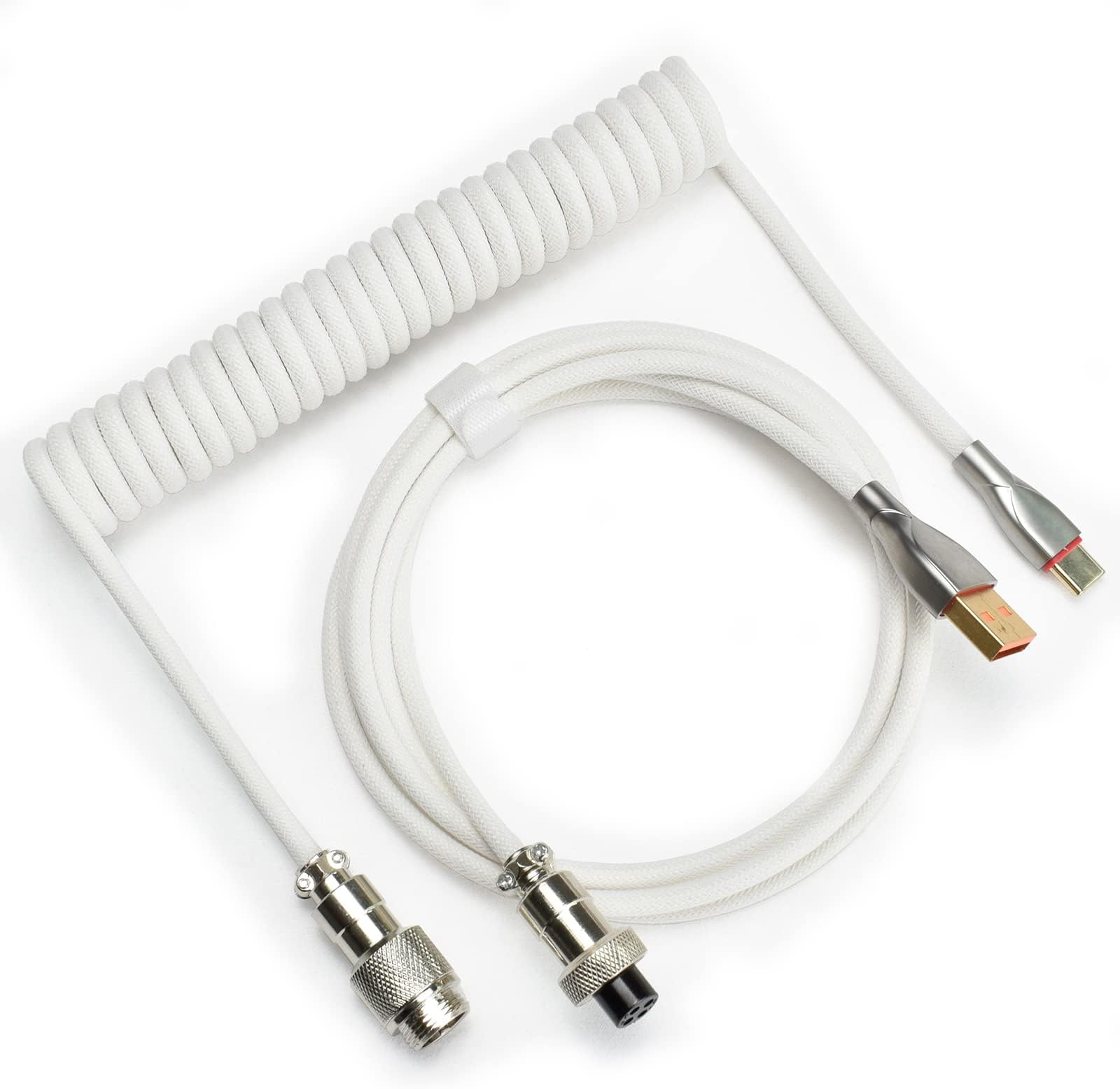 Braided Keyboard Cables 1.5m Coiled Type-C to USB A with Detachable Aviator Connector.for Gaming Keyboard/Tablet (White)