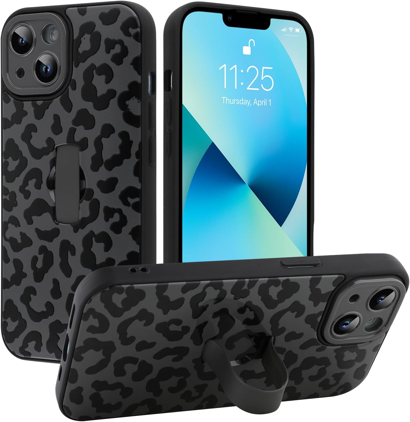 MOWIME Compatible with iPhone 13 Case with Finger Strap, Cheetah Print Shockproof Soft TPU Protective Cover for Women Girls, Slim Anti Scratch Case for iPhone 13 6.1 Inch, Black