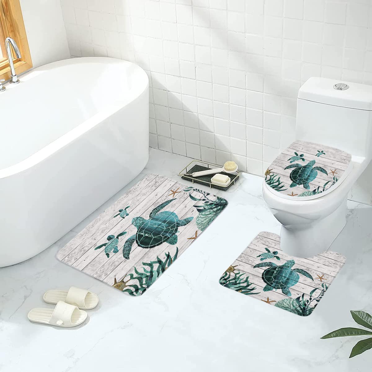 Duschvorhang-Set Meeresschildkröte | 4-teilig Mit Matte & WC-Deckel – Wasserdichtes Polyester