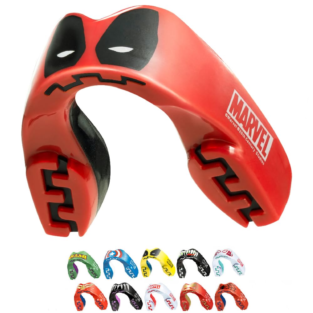 Marvel Characters Sports Mouthguard Dual Layer Premium Protection Adult and Junior Gum Shield with Case for Boxing, MMA, Rugby, Martial Arts, Judo and All Contact Sports (Deadpool, Adult (12+ Years))