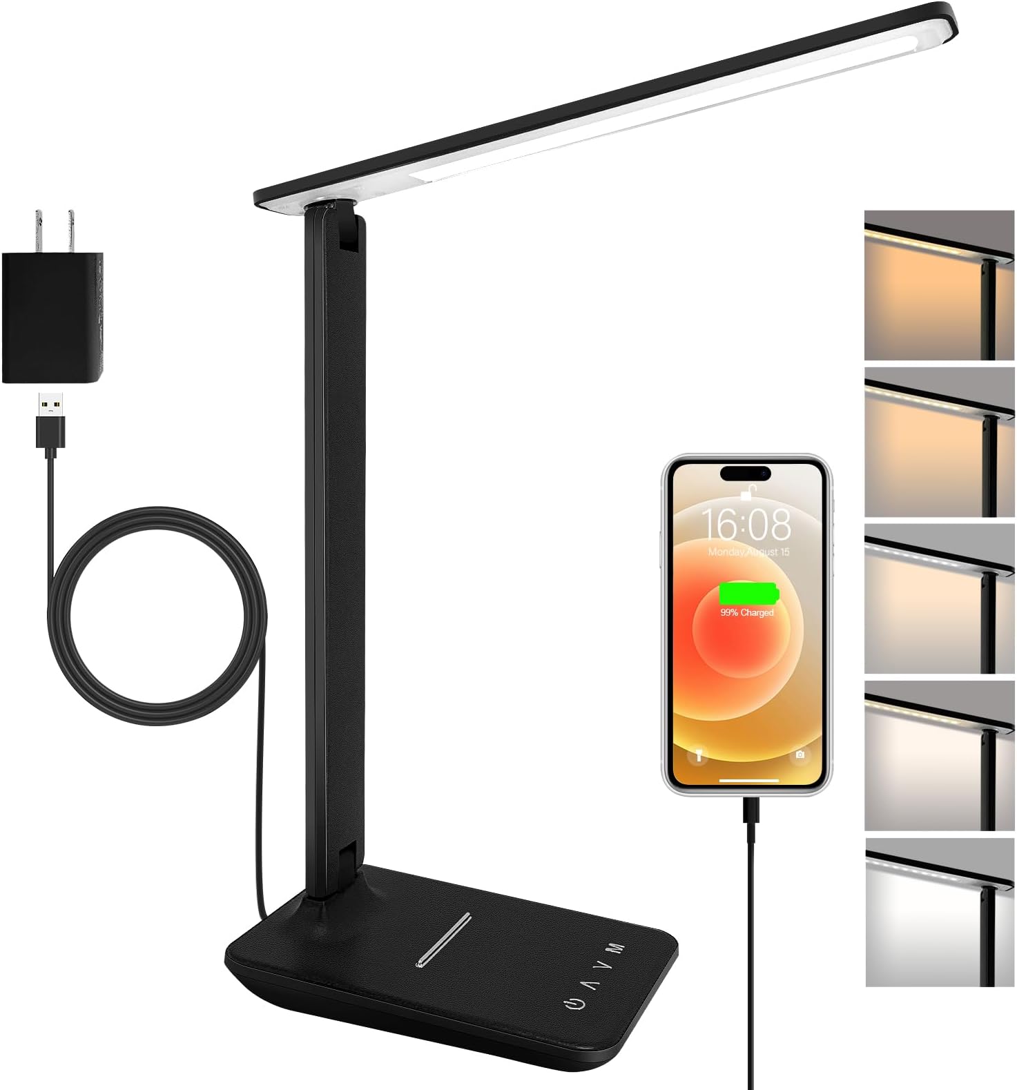 shinelife LED Desk Lamp for Office Home, Bright Desk Light with USB Charging Port, Adjustable Dimmable Desk Lamps 5 Modes 5 Brightness, Touch Study Lamp for Nail, Craft, Puzzle, Sewing, Study, Black