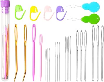 Hekisn 25Pcs Large Eye Blunt Yarn Needles Kit, Assorted Sizes Bent Tapestry Darning Needle & Stitch Markers &Threaers for Knitting, Crochet Purple