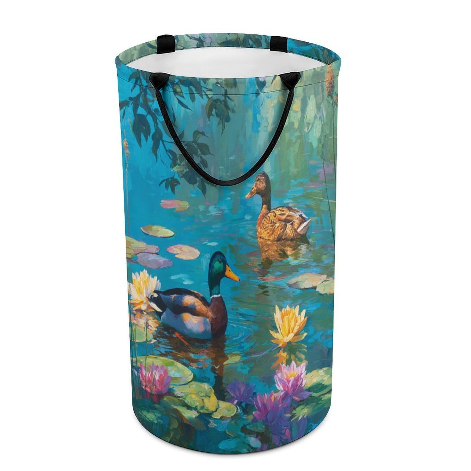 LUYYSKY Colorful Vintage Animal Duck Collapsible Dirty Clothes Basket, Rustic Watercolor Plant Lotus Floral Wildlife Mallard Portable Clothes Storage Laundry Basket-40 CM Dia, 69 CM High