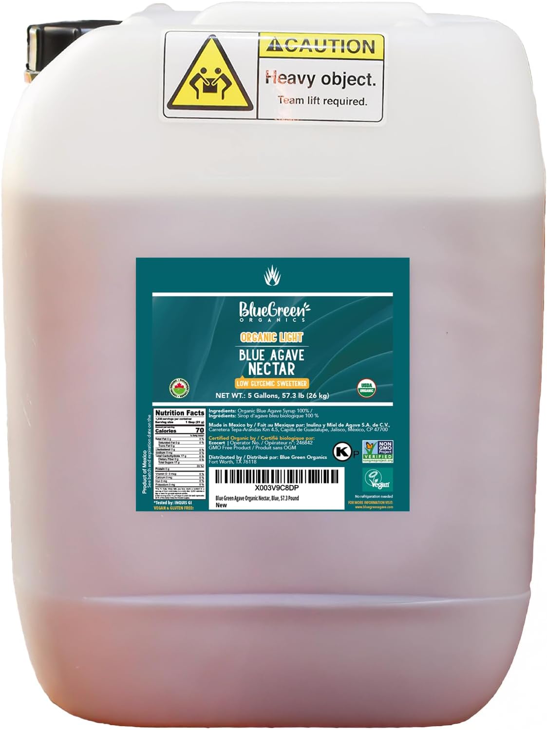 BLUE GREEN ORGANICS 57.3 lb Light Blue Agave , 5 Gallon Bulk Organic Sweetener , Low Glycemic Sugar Alternative for Restaurants & Catering , Mild Flavor Liquid Sweetener , Plant-Based, Gluten-Free & Halal