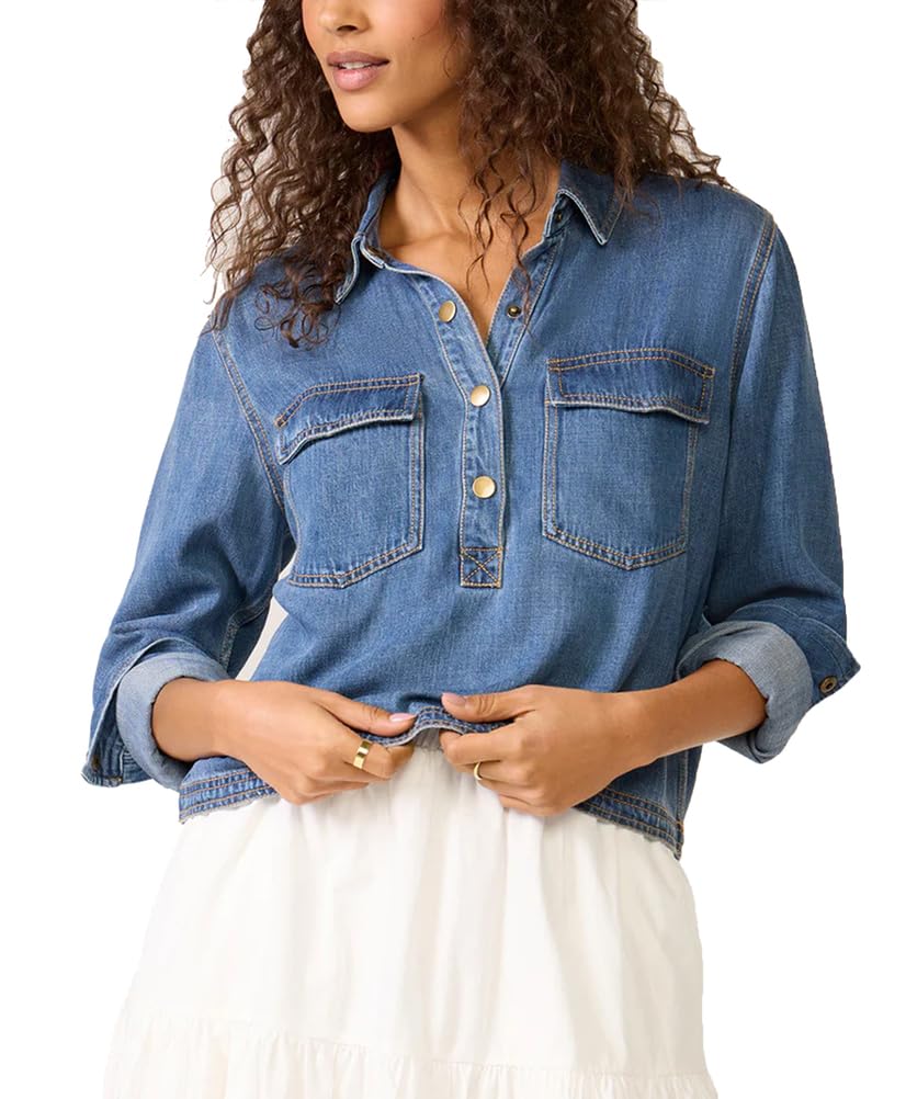 Chemise en Jean Décontractée pour Femmes À Col en V Manches Longues Boutonnée Et À Enfiler
