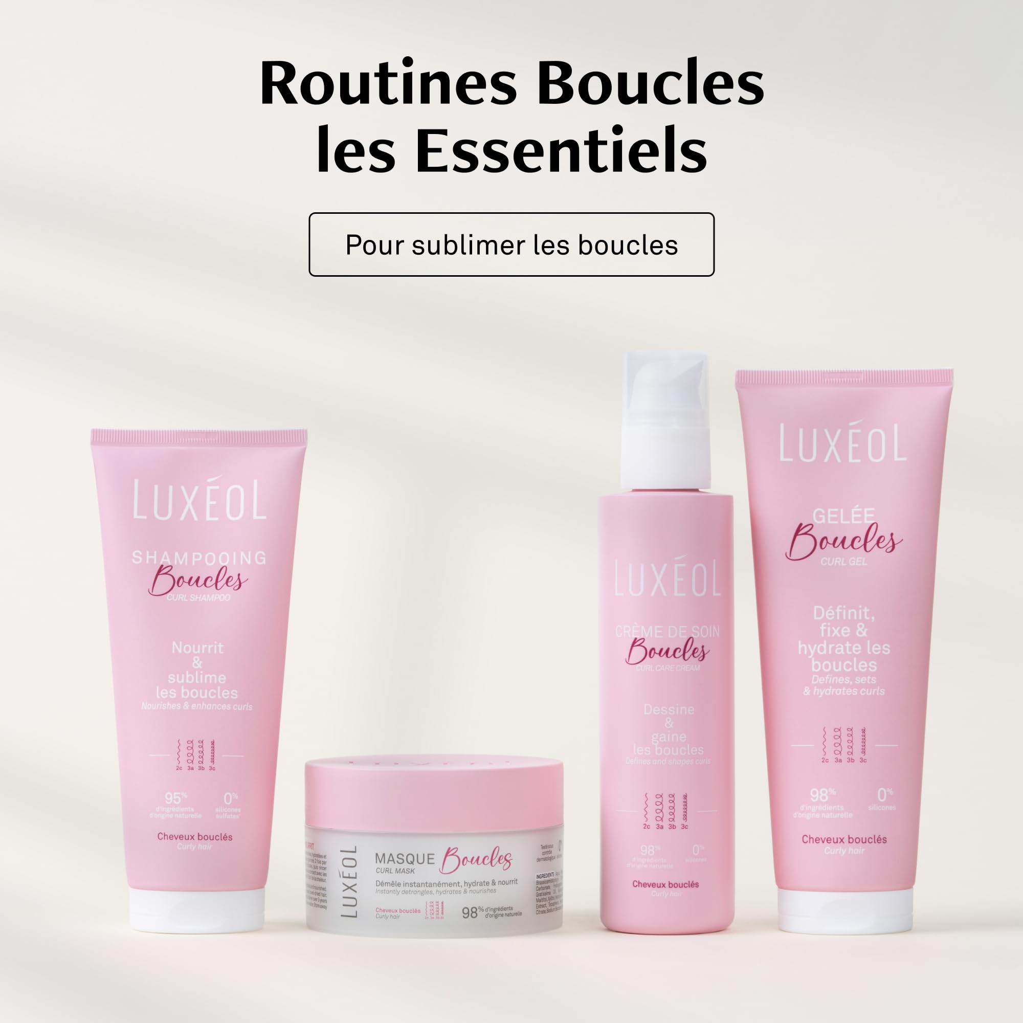 LUXEOL - Routine Cheveux Bouclés - Sublime Les Boucles - Limite les Frisottis - Parfum Gourmand - Méthode Curly Hair - Shampooing 200ml + Masque 200ml + Crème De Soin 250ml + Gelée 250ml