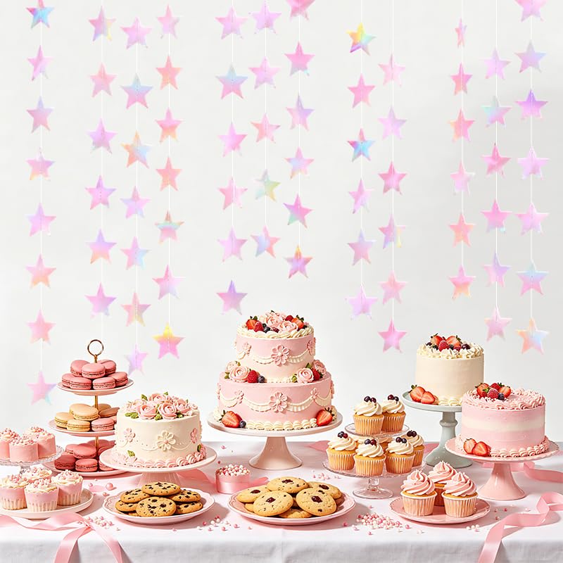 Image of Iridescent Pink Shining Star Hanging Garland Pink Holographic Hanging Sparkling Star Streamer Glitter Star Banner Twinkle Star Backdrop for Wedding Baby Shower Birthday Christmas Decorations 40 Feet
