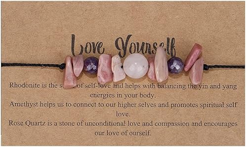 Pingyongchang Healing Crystal Stone Beads Strand Card Bracelets Love Yourself/Believe You Can Good Meaning Adjustable Braided Rope Bracelets for Women Men Yoga Jewelry Friendship Gift-Pink