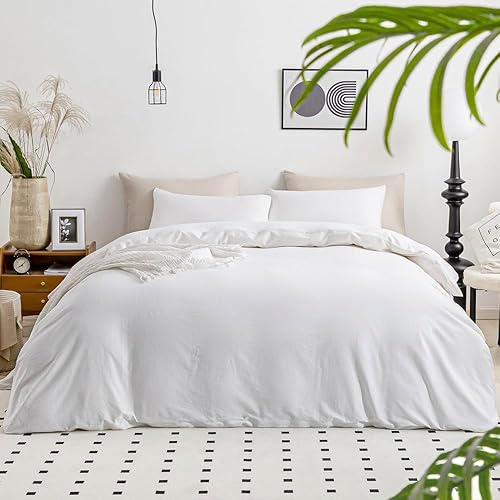 JELLYMONI Funda de edredón blanca tamaño matrimonial, 100% algodón lavado con textura de lino, juego de ropa de cama suave y transpirable de 3