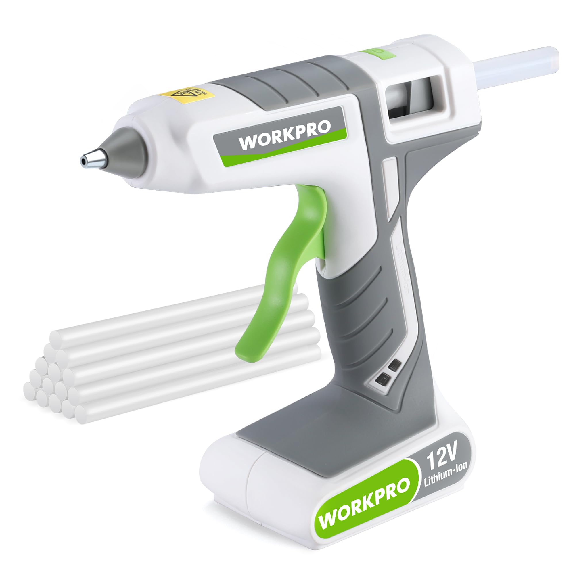 WORKPRO Kabellose Heißklebepistole, 12 V, wiederaufladbar, schnelles Vorheizen, Heißklebepistole, Set mit 15 Klebestiften in voller Größe (11 x 200 mm), batteriebetriebene Heißklebepistole für