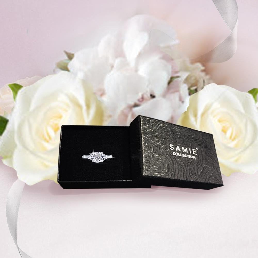 Samie Collection Rhodium Plated 1.74ctw Cushion CZ 3-Stone Wedding Engagement Rings in Birthstones