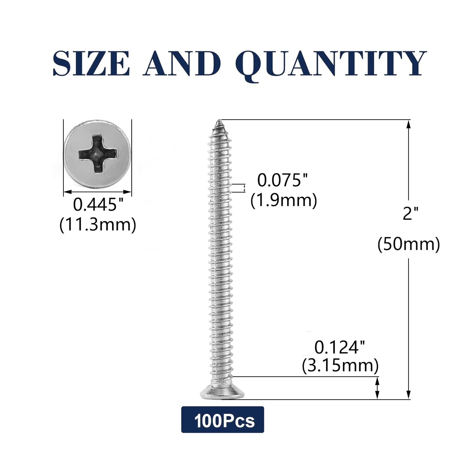 #14 x 2 Wood Screw 100Pcs 18-8 (304) Stainless Steel Screws Flat Head Phillips Fast Self Tapping Drywall Screws by SG TZH