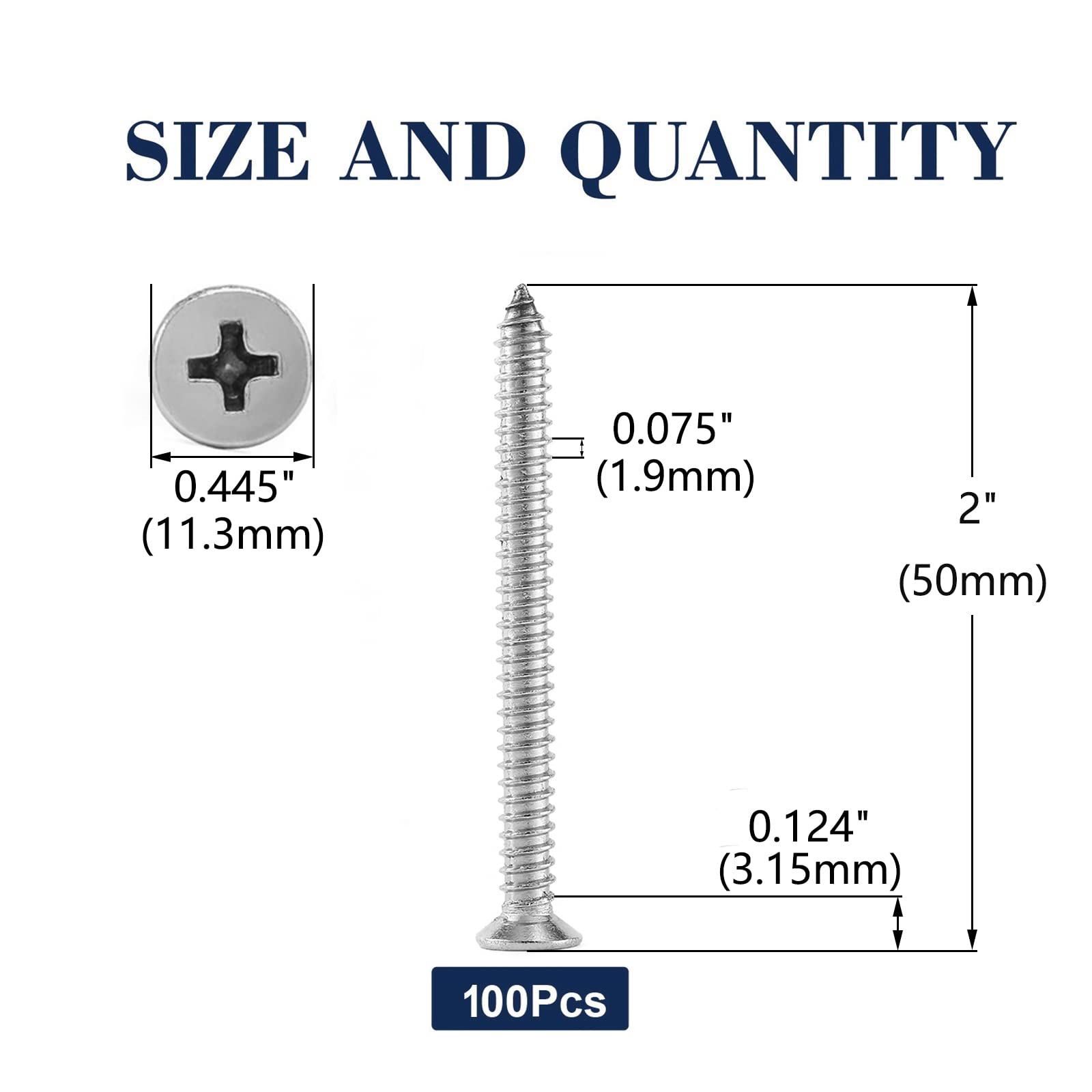 Lot de 100 vis à bois 18-8 (304) en acier inoxydable à tête plate Phillips auto-taraudeuses rapides pour cloison sèche
