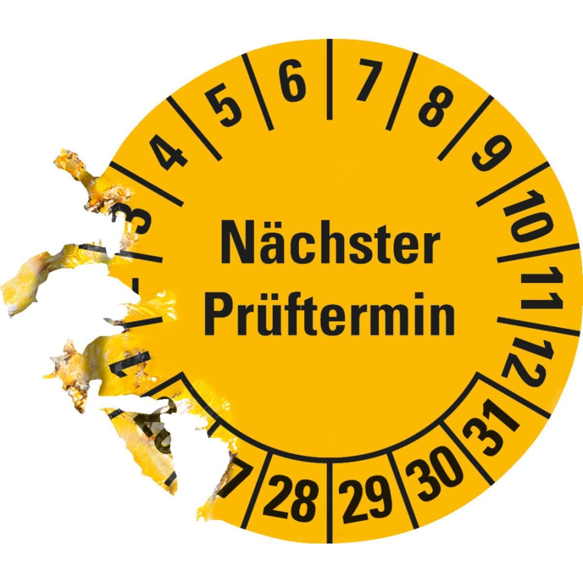 Prüfplakette Nächster Prüftermin, 2026–2031, Ø20 mm, gelb, Dokumentenfolie, 180 Stück/Heft