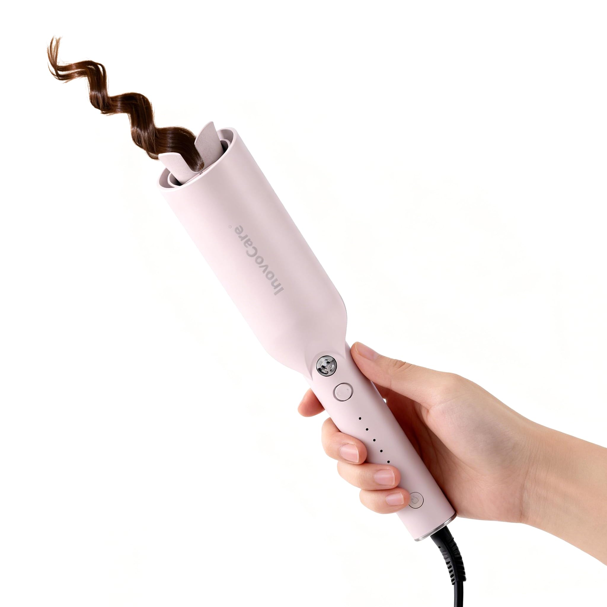 Inovocare Upgraded Automatic Rotating Curling Iron - CurlPro Plus Long Barrel Curling Wand for Long Hair, Ceramic Hair Curler for Women, Anti-Scald, Tangle-Free, 600M Ionic, Dual Voltage (Rose Gold)