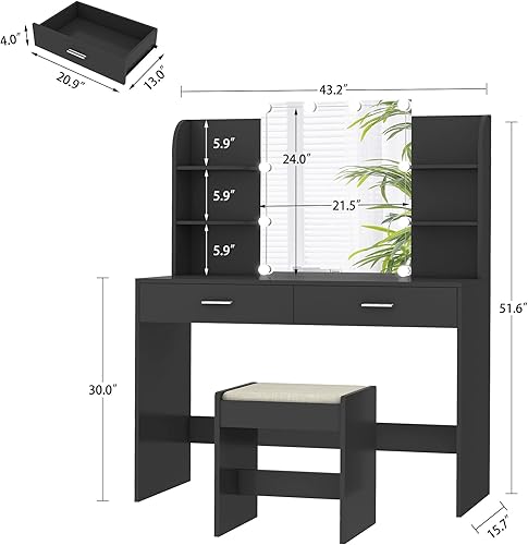 Miniatura 23 de usikey Juego de tocador grande con espejo iluminado y estación de carga, tocador de maquillaje con 4 estantes de almacenamiento y 4 cajones, 43.5"W