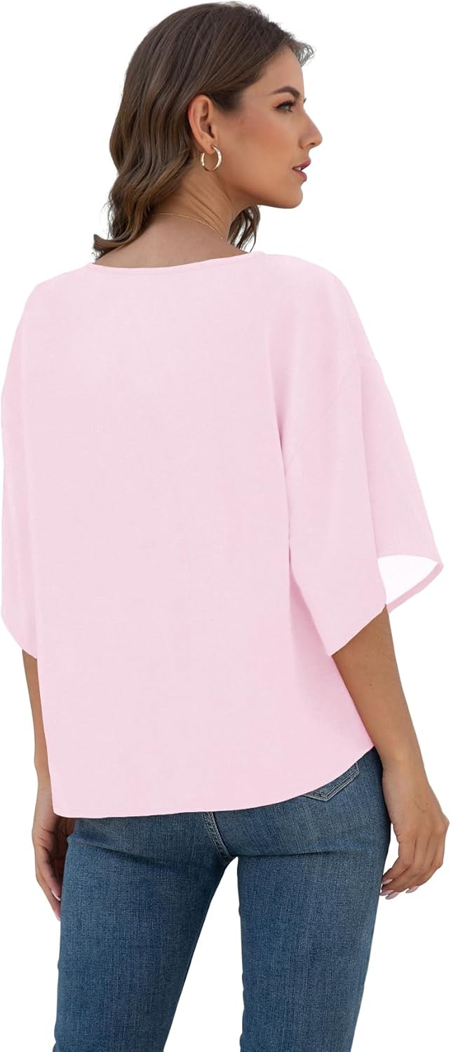 VIISHOW Womens Tie Front Chiffon Blouses V Neck Batwing Short Sleeve Summer Tops Shirts - Image 4