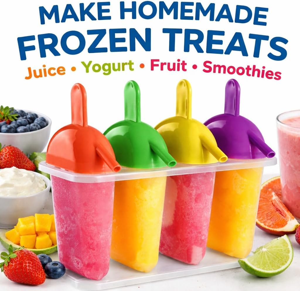 Popsicle Molds Ice Pop Maker with Straw – 4 Large BPA Free Popsicle Mold Set, Reusable Freezer Pop Maker for Juice Yogurt Fruit