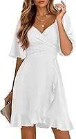 Dokotoo Women's Wrap V-Neck Mini Dress: Short Flared Sleeves, Smocked Waist, Tiered Belted Ruffle Hem Swing A-Line Wedding Guest Dress