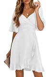 Women&apos;s Wrap V Neck Short Flared Sleeve Wedding Guest Dress Smocked Elastic Waist Tiered Belted Ruffle Hem Mini Dress