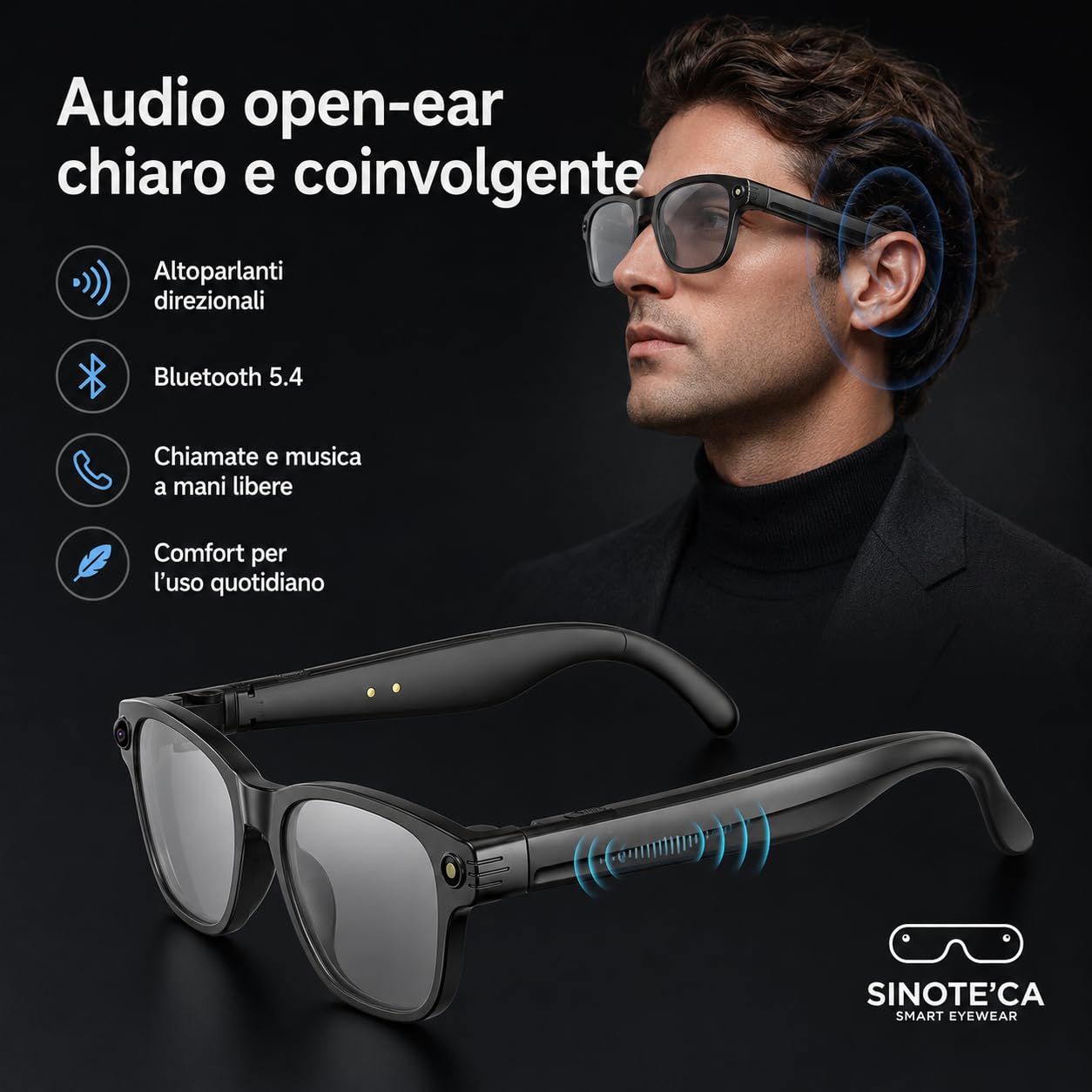 SINOTE'CA AI Smart Glasses, Occhiali Intelligenti Bluetooth con Telecamera 8MP, Lenti Fotocromatiche, Audio Open-Ear e Traduzione in Tempo Reale, per Sport e Vita Quotidiana