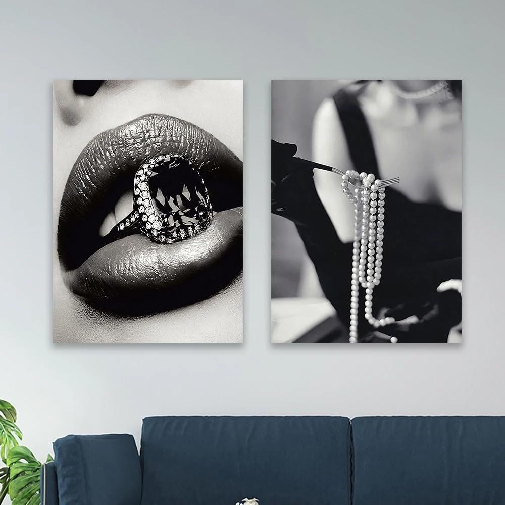 ZHUOYA Vintage Modny Plakat Czarno-Biały Vintage Perły Druki Luksusowa Moda Sztuka Ścienna Diamenty Płótno Malarstwo Wystrój (70 * 110X2 cm/ramka)