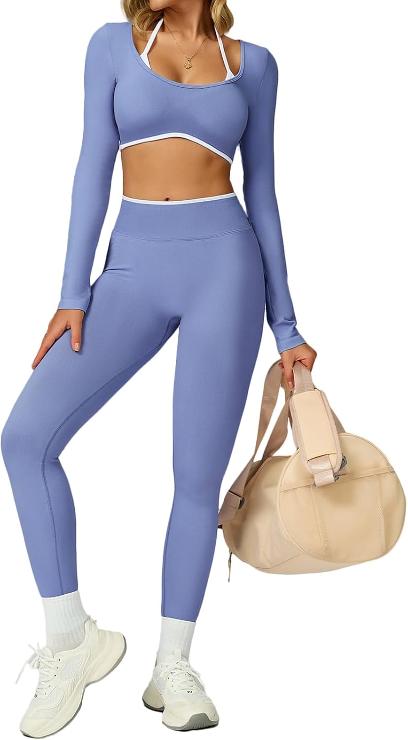 UONNOU Workout Sets for Women 2 Piece Seamless Long Sleeve Crop Top and High Waist Scrunch Butt Lifting Leggings Yoga Outfits