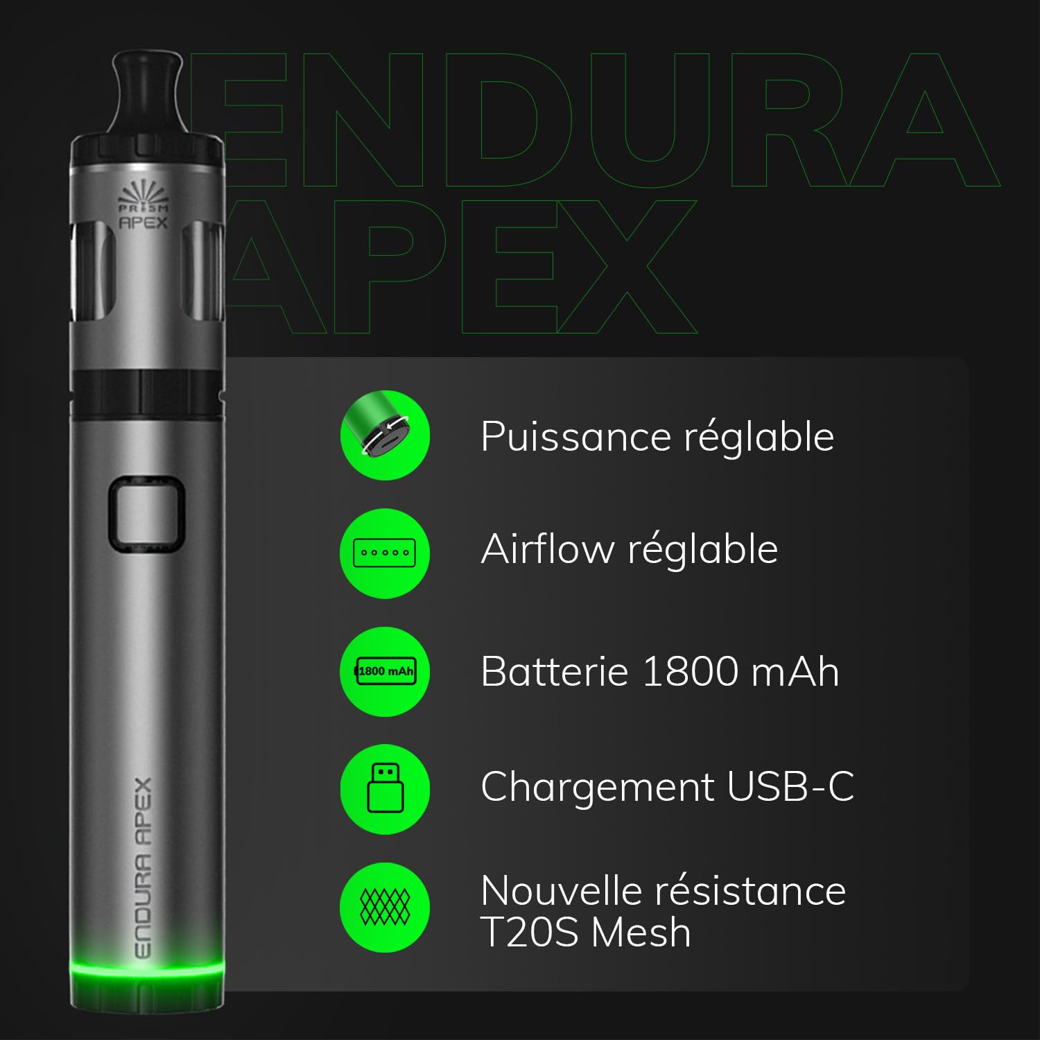 INNOKIN - Starter Kit Endura Apex 3ml - Cigarette Electronique Tube - Puissance 14,5W (Normal) + 16,5W Boost) - Batterie 1800 mA - Rsistance Prism S Coil 0,9 Ohm - Airflow MTL (Vert) : Amazon.fr: High-Tech INNOKIN - Starter Kit Endura Apex 3ml - Cigarette Electronique Tube - Puissance 14,5W (Normal) + 16,5W Boost) - Batterie 1800 mA - Rsistance Prism S Coil 0,9 Ohm - Airflow MTL (Vert) : Amazon.fr: High-Tech