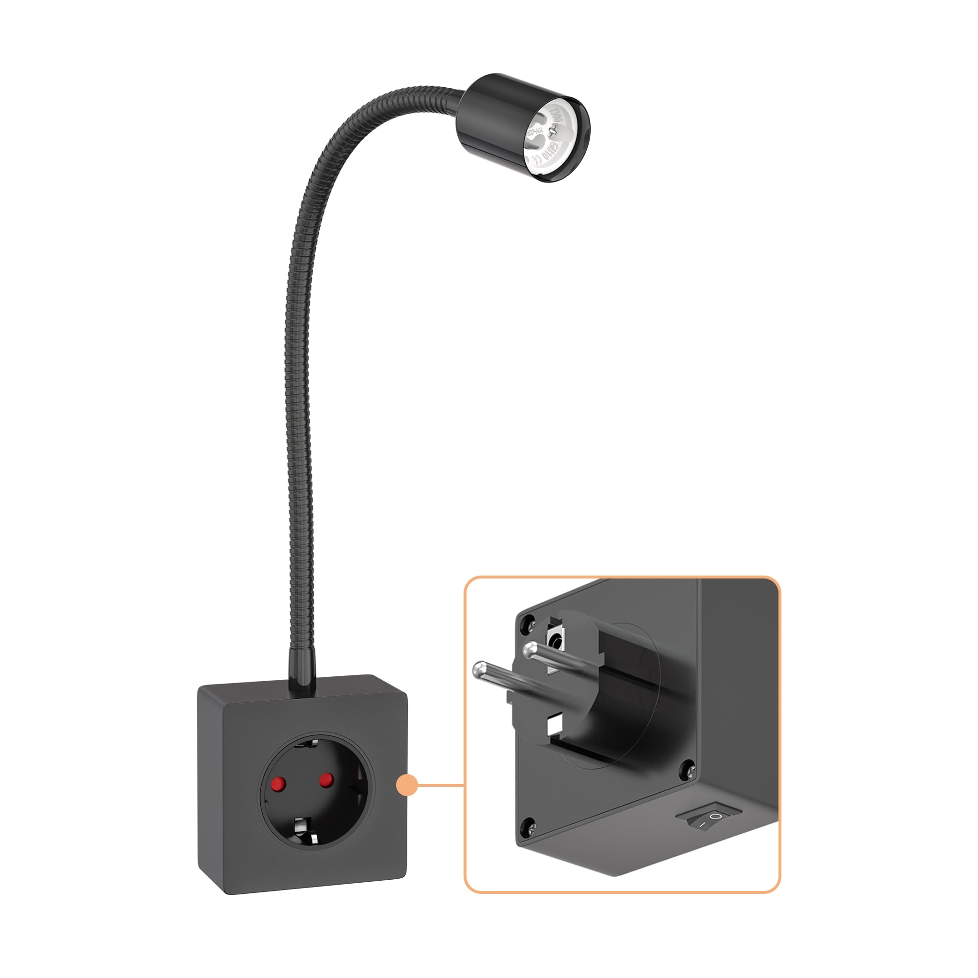 ledscom.de Steckdosenleuchte/Leselampe LESCH, Schwanenhals, Schalter, schwarz, 1x GU10 max. 10W