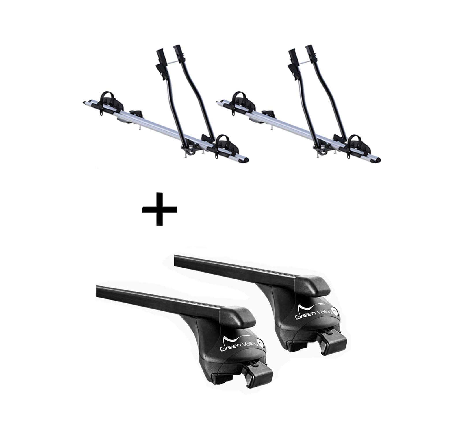 2X Fahrradträger SAGITTAR + Relingträger Quick Stahl L kompatibel mit VW Golf Sportsvan ab 2014