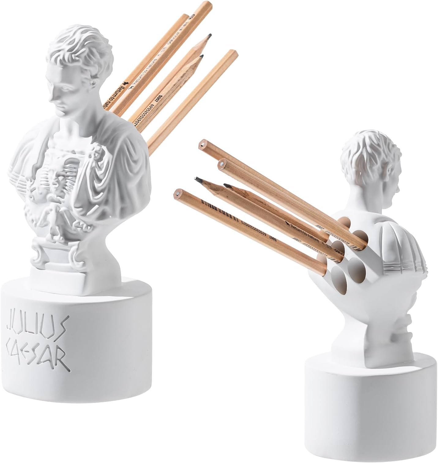 Surlama Julius Caesar Pencil Holder, 7.87" Resin Bust Statue with Back Stabbed Holes, Roman Desk Organizer