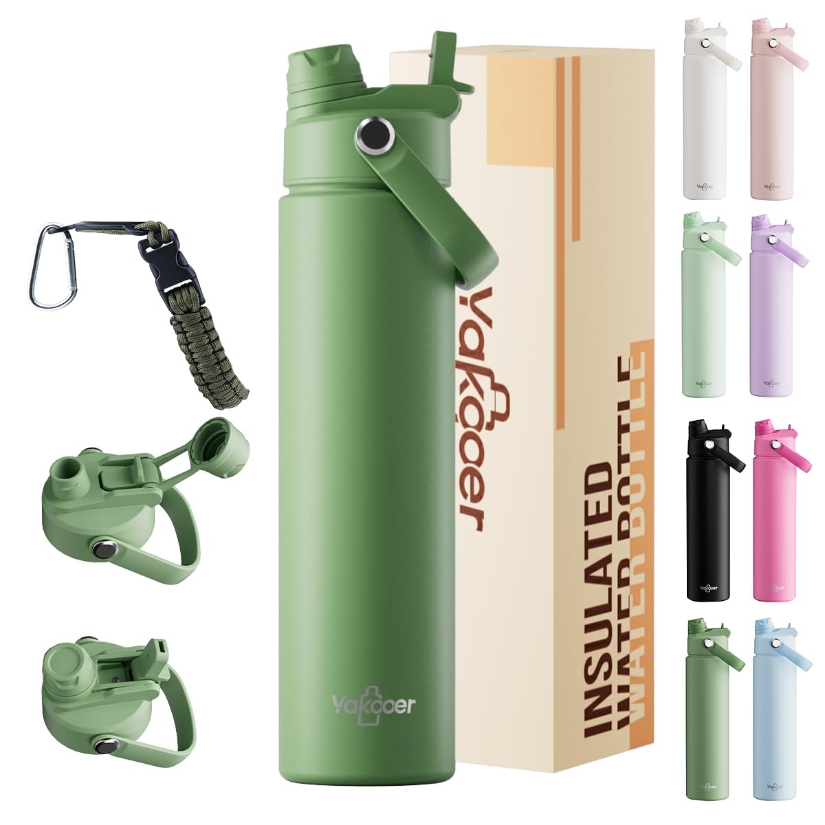 Yakooer 26oz Insulated Water Bottle with 2-in-1 Dual Drink Lid, Moss Green | Includes Wov…