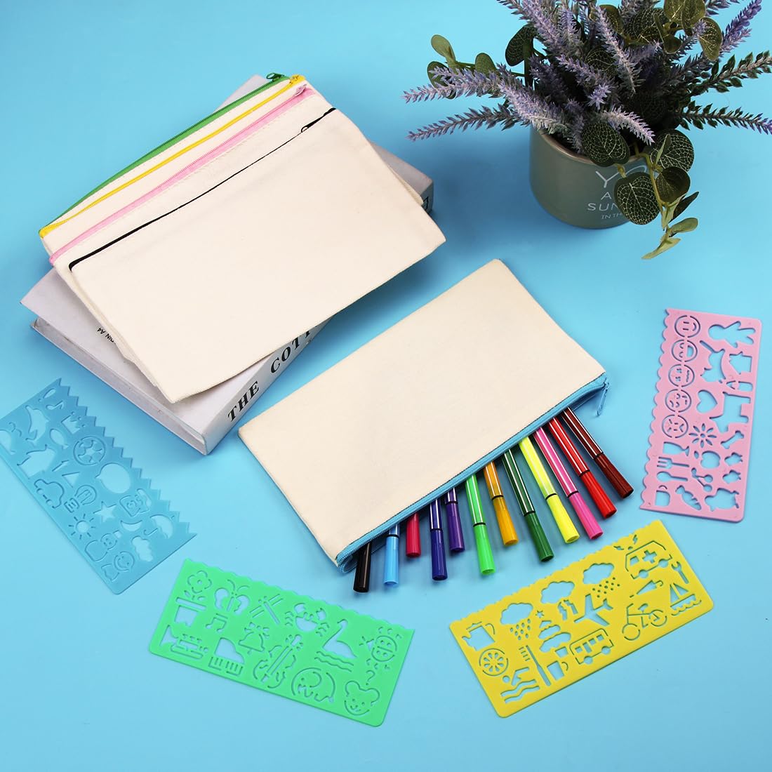 Bolsas Lona DIY Con Plantillas 12 Bolsas De Tela Con Cremallera Para Pintar - DIY, Incluye 3 Plantillas, Ideal Para Manualidades Estuche Tela Para Pintar