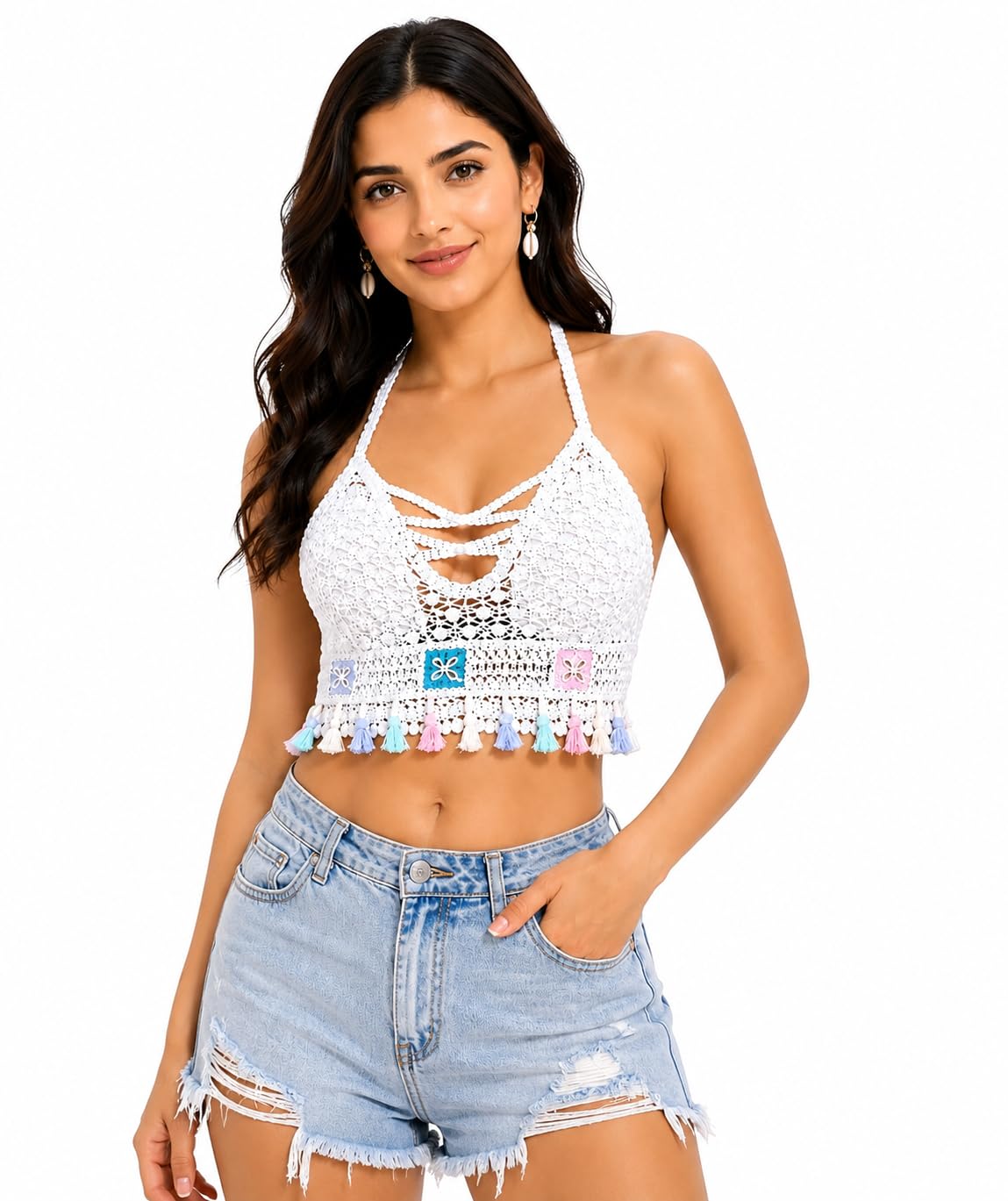 Women's Crochet Halter Neck Crop Top, Boho Knit Sleeveless Bralette with Tassel Hem, Handmade Festival Beach Top for Summer Vacation, Casual for Women & Girls-image-22
