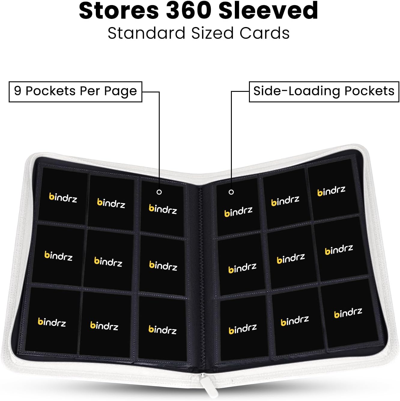 bindrz 9 Pocket Zipper Binder for 360 Sleeved Trading Cards - Side Loading Pockets Album - Archival Safe Material and Compatible with TCG MTG and Sports Collectibles (White)