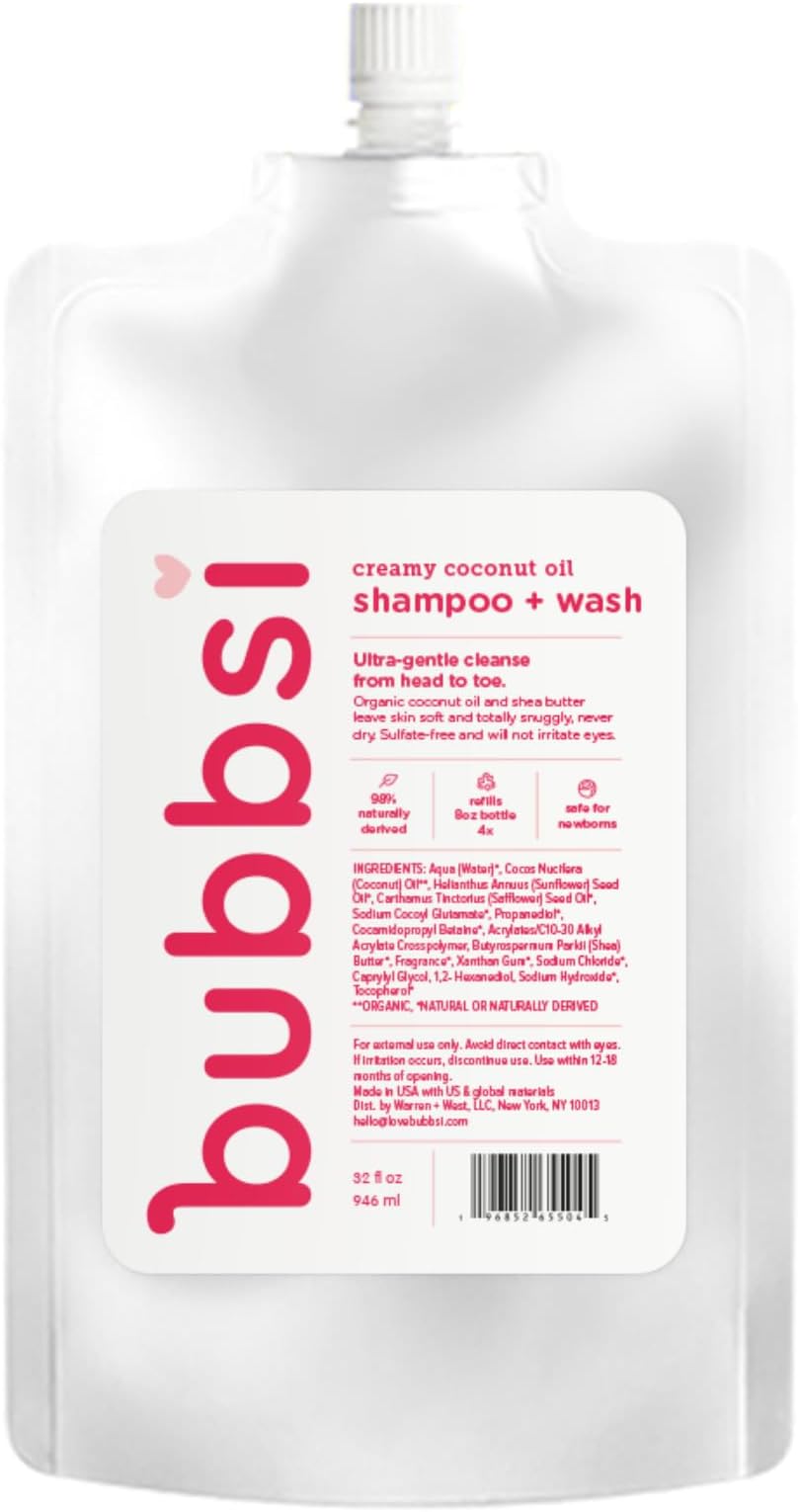 Creamy Coconut Oil Baby Shampoo & Wash | Light Natural Scent | Won't irritate eyes | Organic Coconut Oil + Shea | Gentle, Sulfate-free, Nourishing | Cradle Cap, Eczema (Refill Size, 32oz)