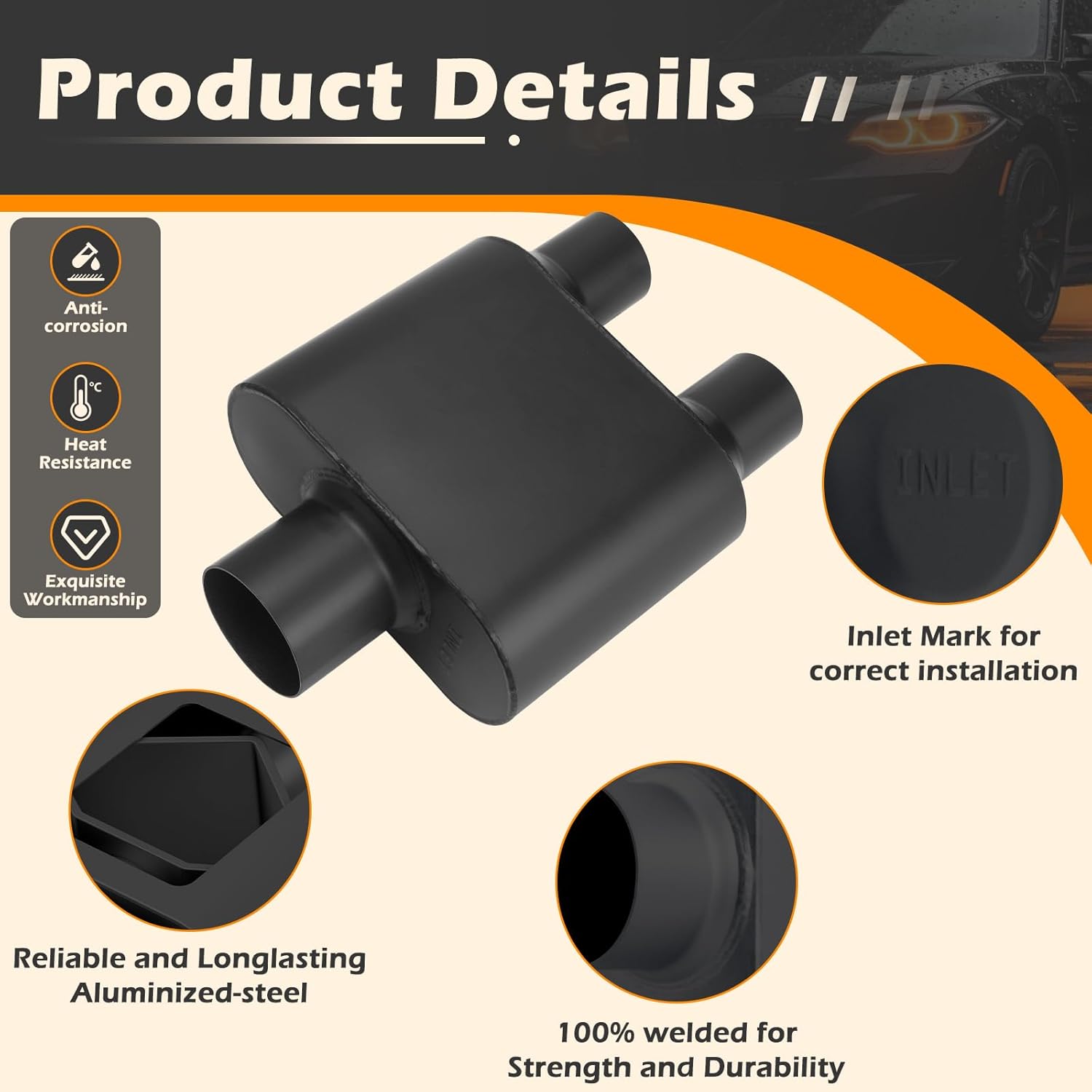 A-KARCK Universal Exhaust Muffler 3" Center Inlet 2.25" Dual Outlet, 13" Overall Length Aluminized Steel Aggressive Sound Race Muffler for Cars, Trucks (Black)