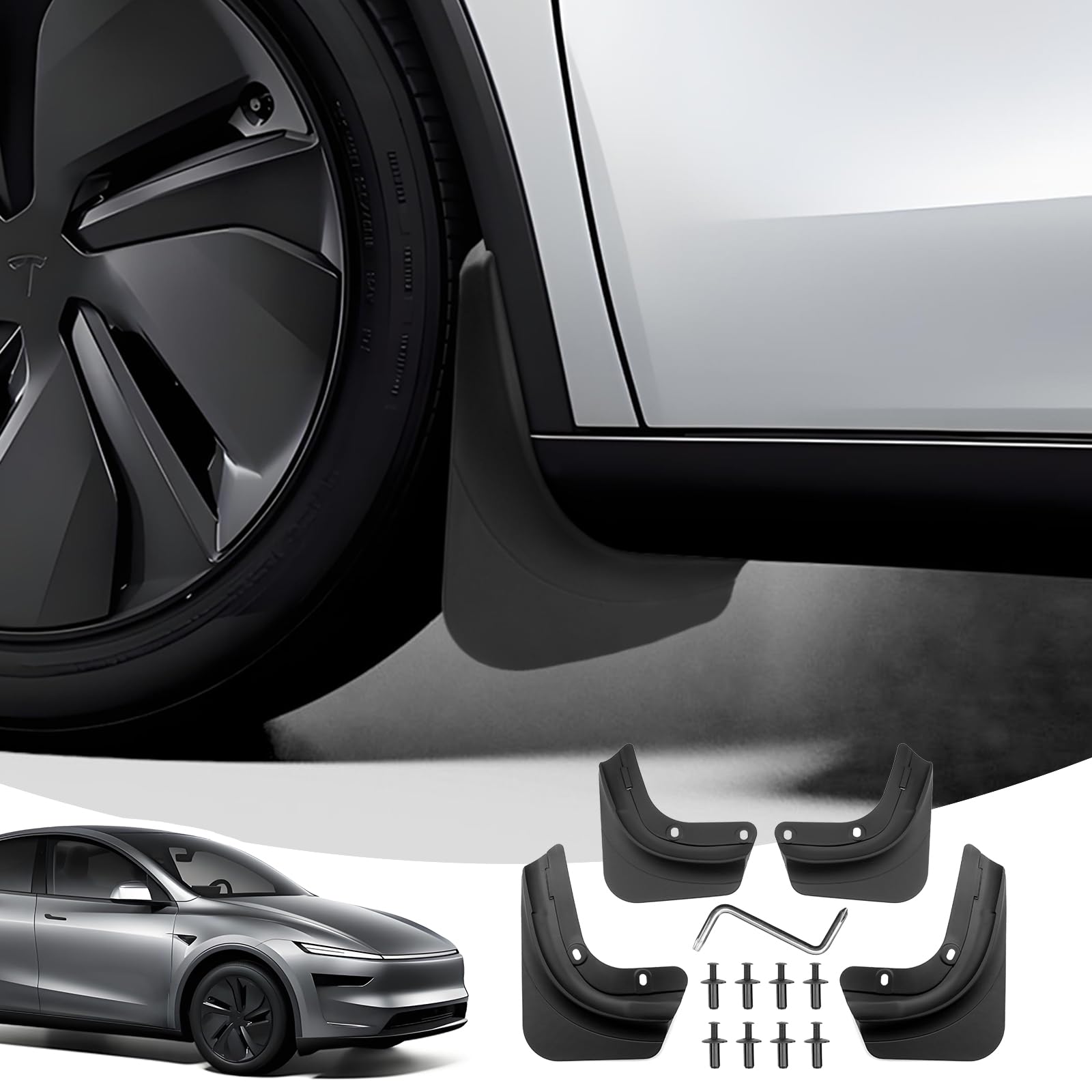 Garde-Boue pour Tesla Model Y Juniper 2025 2026 2027, 4Pcs Bavettes Avant et Arrière avec Vis de Montage, Pare Boue Anti-Éclaboussures Accessoires Pas Besoin de Percer [Pas pour Standard]