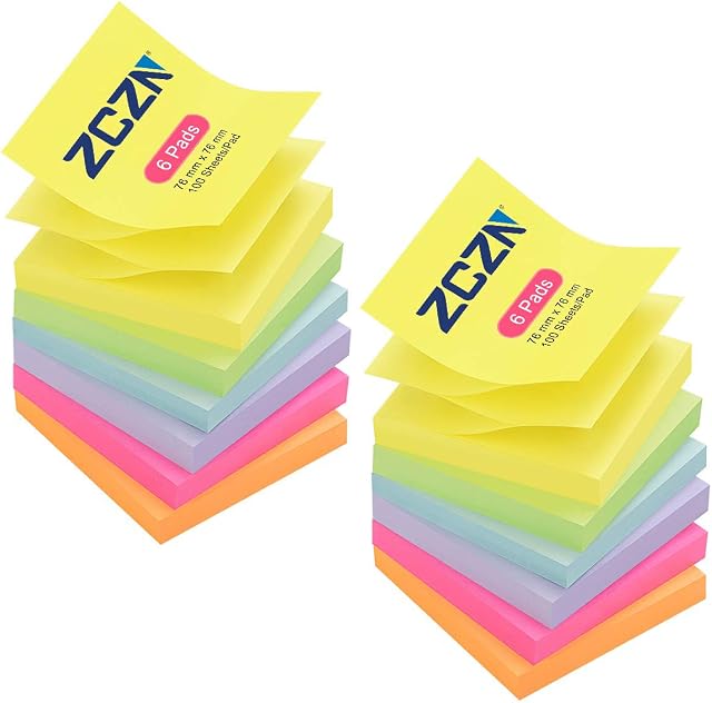 ZCZN Pop-up Sticky Notes 76 x 76 mm, 12 Pads Assorted Colours Self-Stick Z Notes, 100 Sheets/Pad, (Yellow,Light Green,Light Purple,Rose Red,Orange,Light Blue)