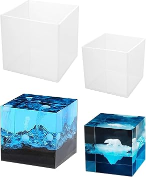 ABuff 2 Pack Square Resin Molds Cube Silicone Casting Molds, 2 Sizes Epoxy Resin Molds Transparent Square Silicone Molds for Resin Casting, 4 Inch and 3Inch