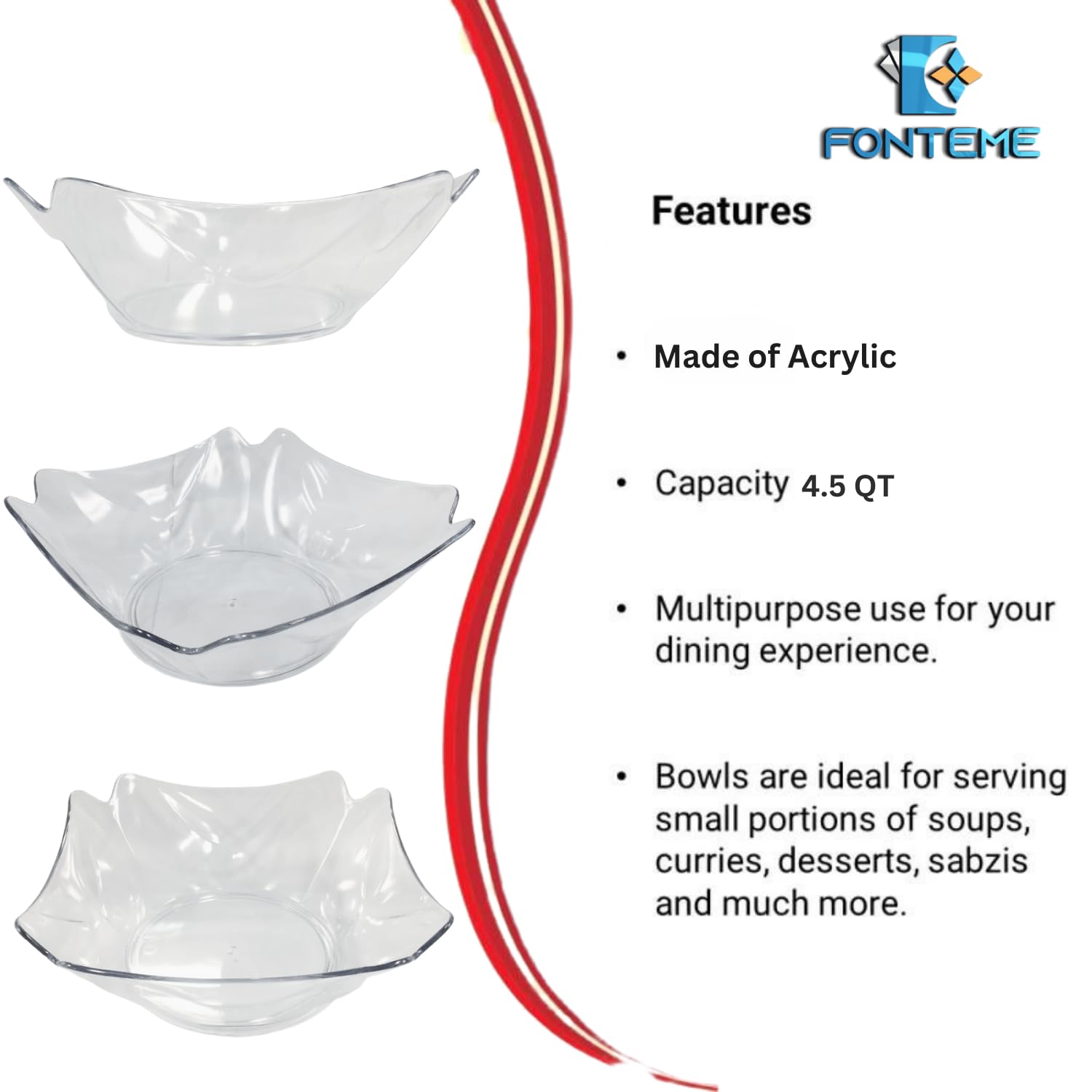 Fonteme Premium Extra Heavy Weight 12-inch Flower Serving Bowl - Clear - Set of 2, With Serving Set - Black | Elegant 4.5 Quart Flower Bowl.