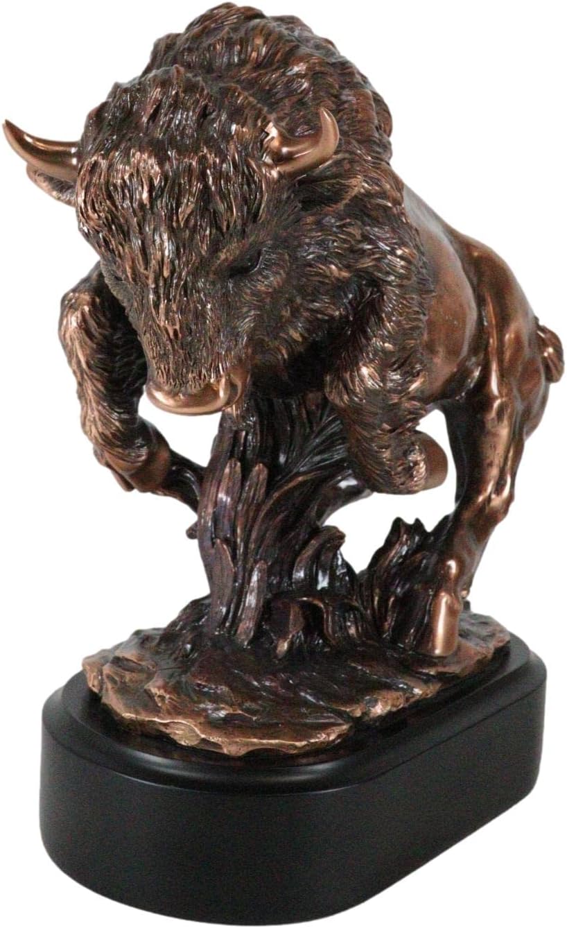 Ebros Large Wild Angry Charging Bison Statue in Bronze Electroplated Finish Resin with Trophy Base Western Rustic Decor Native Indian Sacred Bulls Buffaloes Bisons Figurine